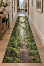 Moss-covered trunks and ferns framing a receding forest trail printed on a flat runner rug