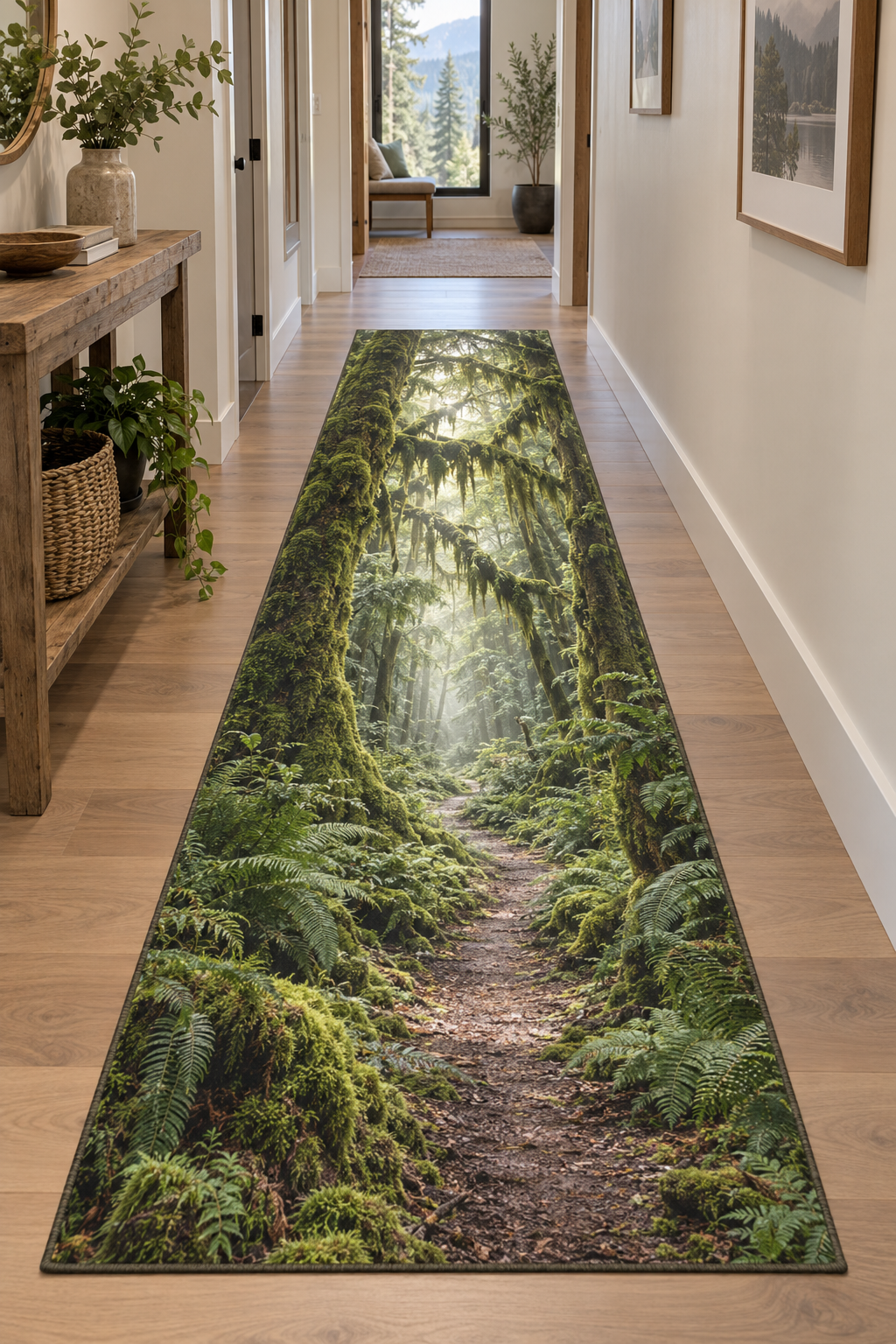 Moss-covered trunks and ferns framing a receding forest trail printed on a flat runner rug