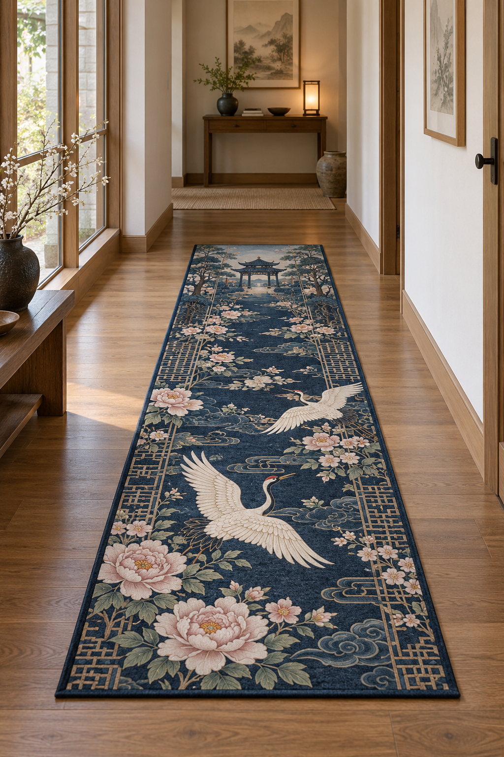 Jasujang-inspired white cranes, peonies and distant pavilion printed on a flat indigo runner rug