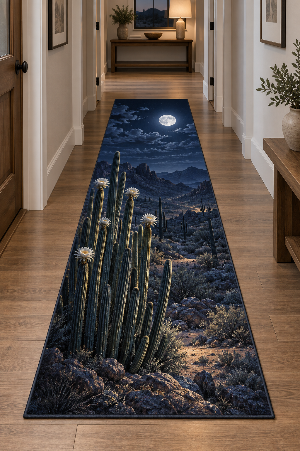Clustered organ pipe cactus stems with white flowers and receding rocky desert under moonlight printed on a flat runner rug