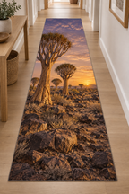 Forked quiver trees with leaf rosettes above rocky ground at sunset printed on a complete rectangular runner rug