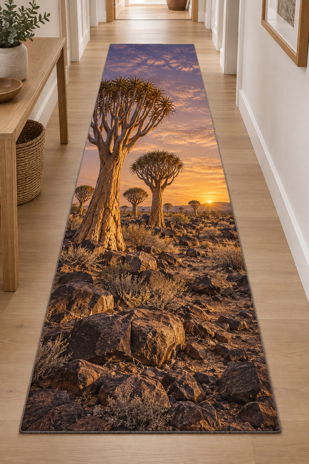 Forked quiver trees with leaf rosettes above rocky ground at sunset printed on a complete rectangular runner rug