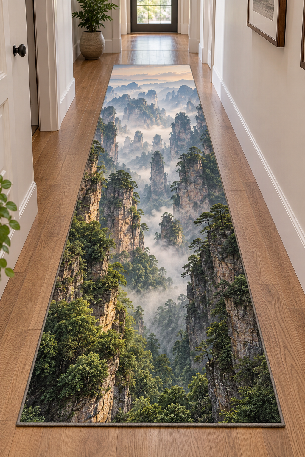 Forested sandstone pillars receding through layered mist printed on a flat runner rug