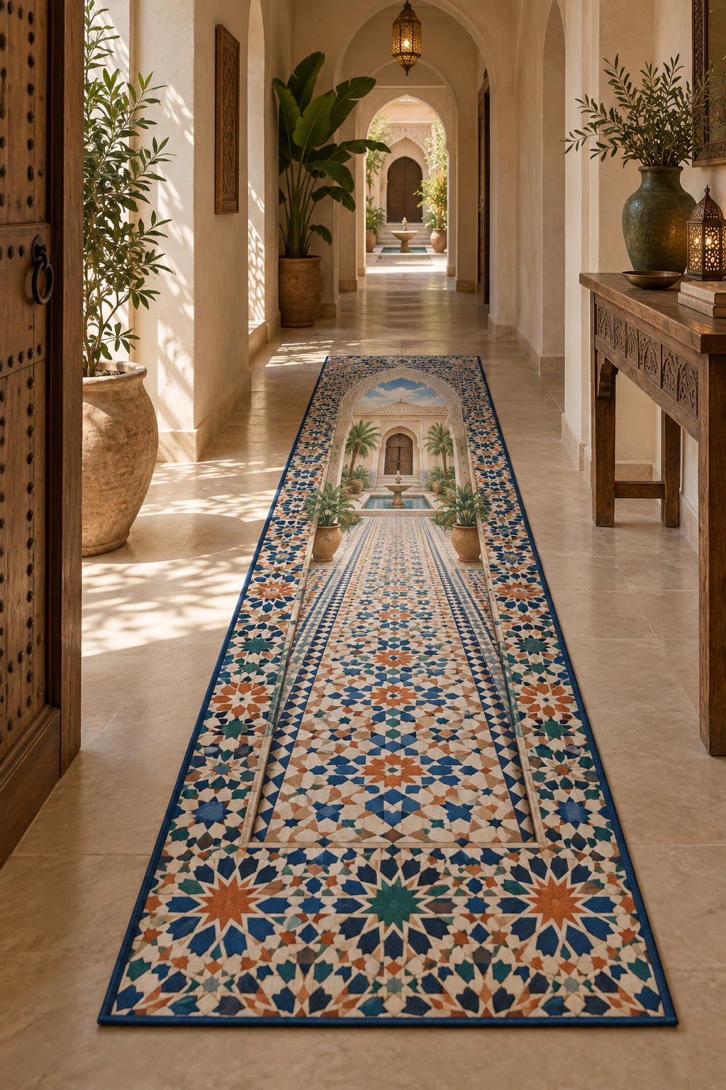 Zellij-inspired geometric mosaic path and receding courtyard arch printed on a flat runner rug