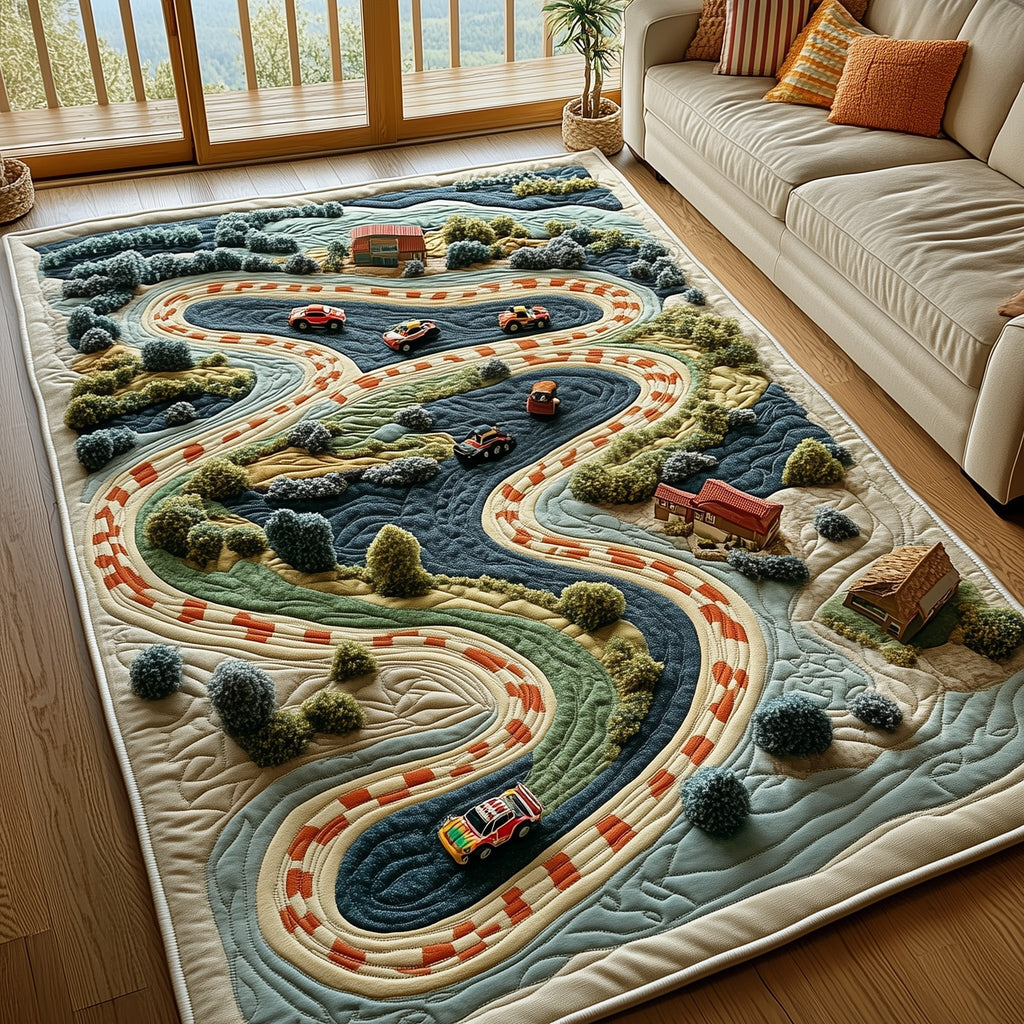 Racetrack area rug in a living room