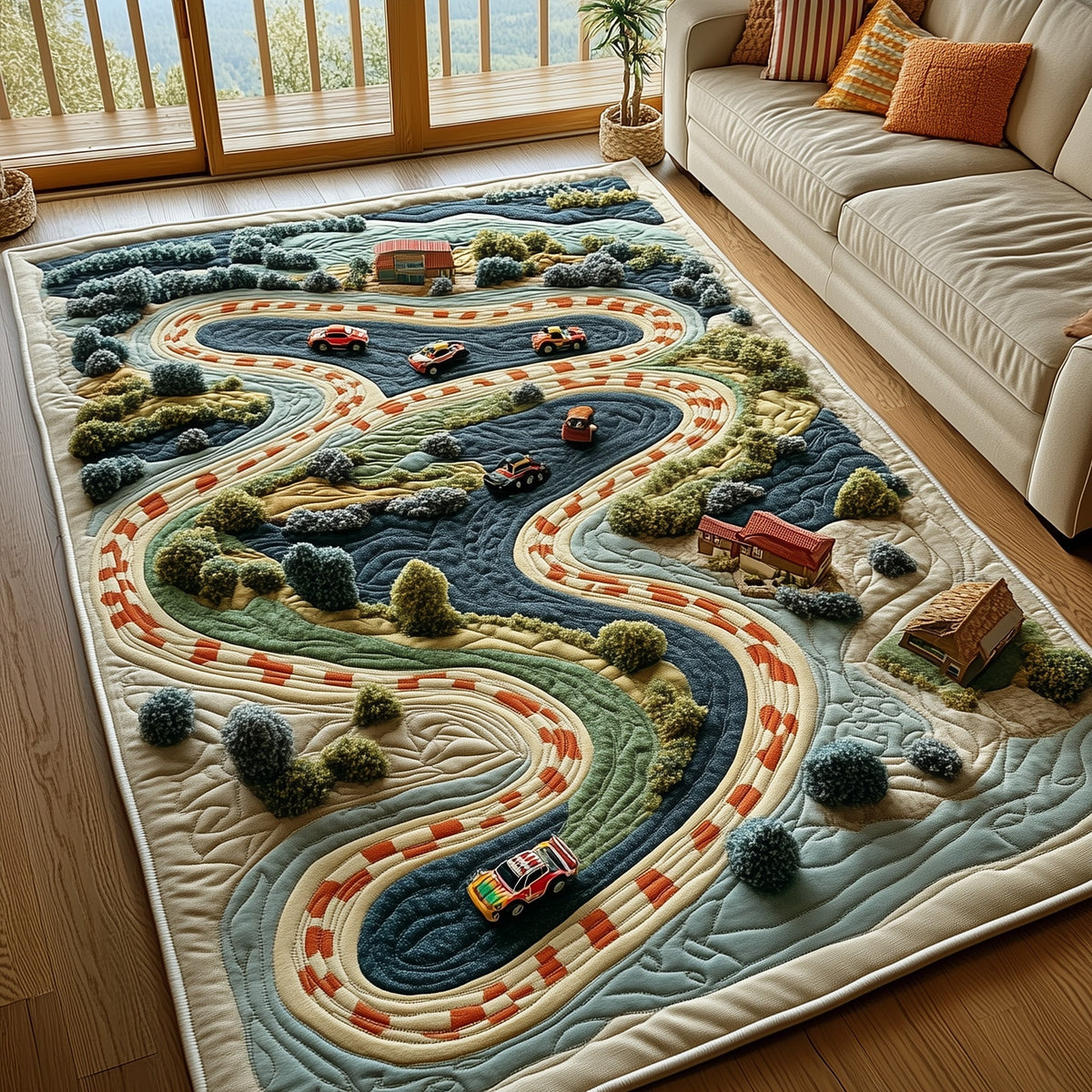 Racetrack area rug in a living room