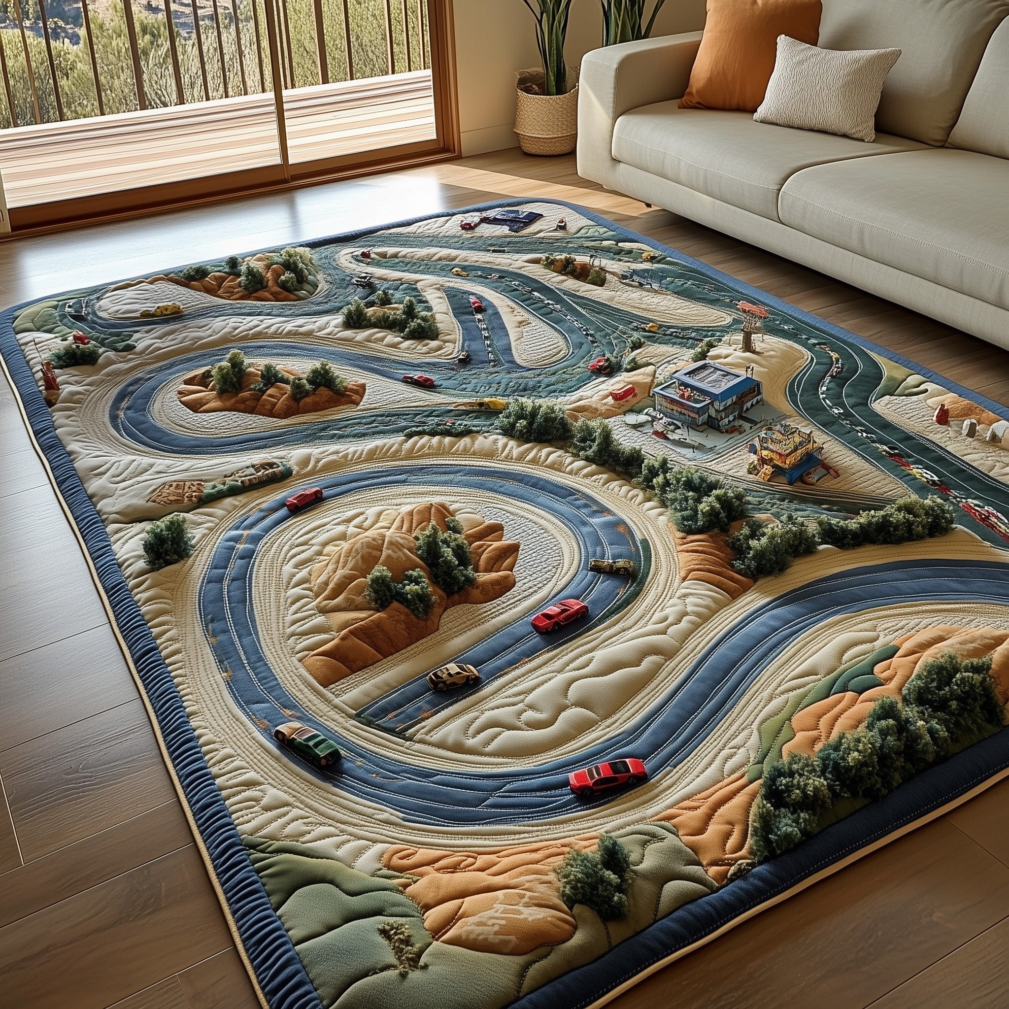 Racetrack area rug in a living room