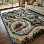 Racetrack area rug in a living room