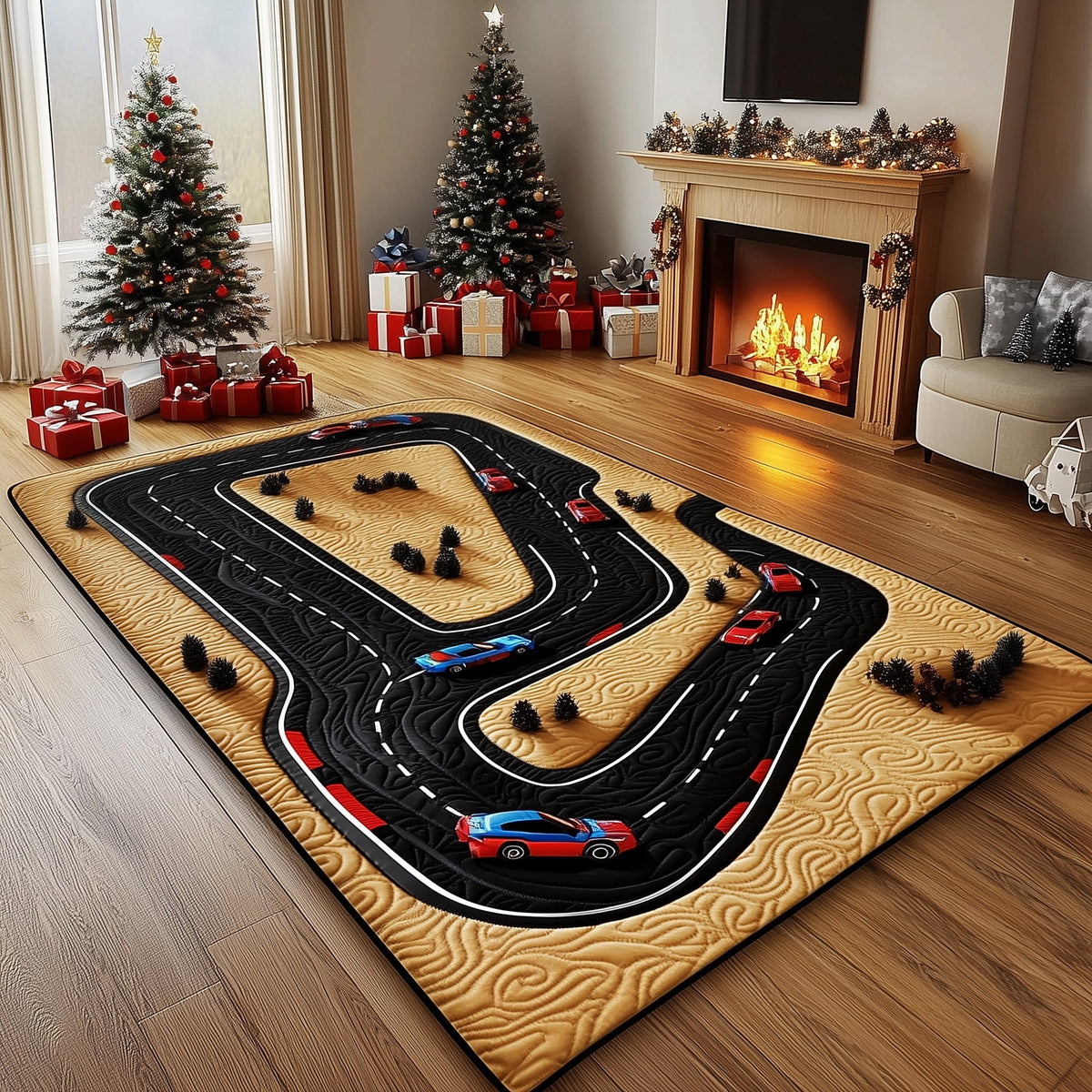Racetrack area rug in a living room