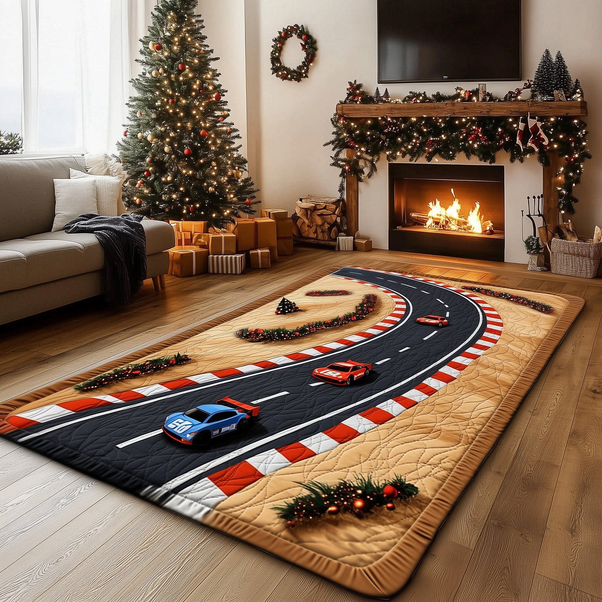 Racetrack area rug in a living room