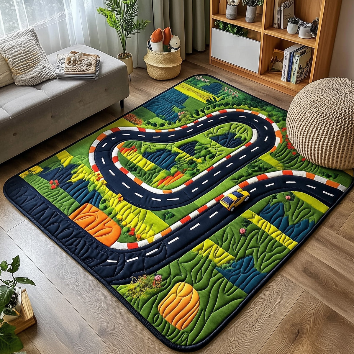Racetrack area rug in a living room