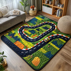 Racetrack area rug in a living room