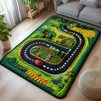 Racetrack area rug in a living room