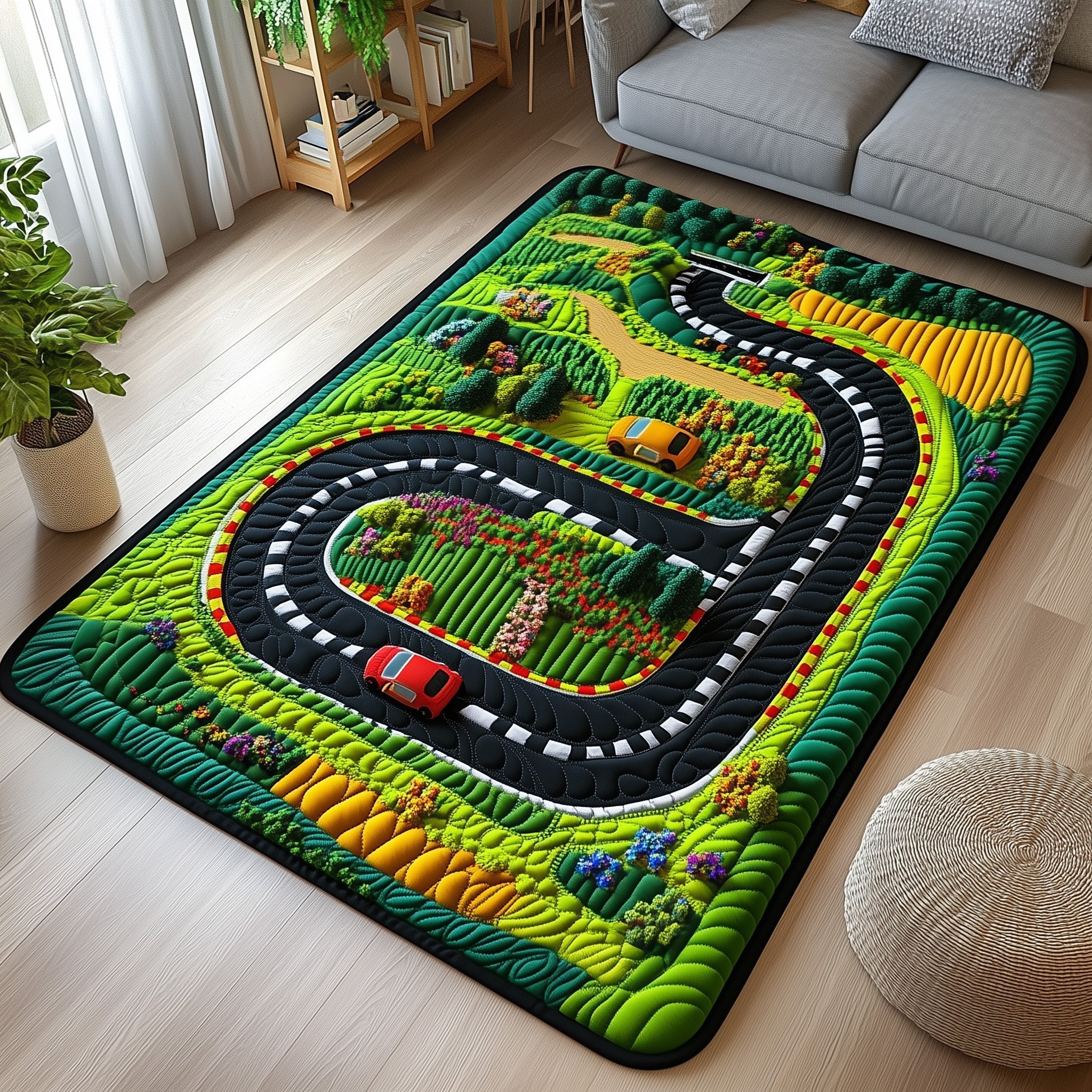 Racetrack area rug in a living room