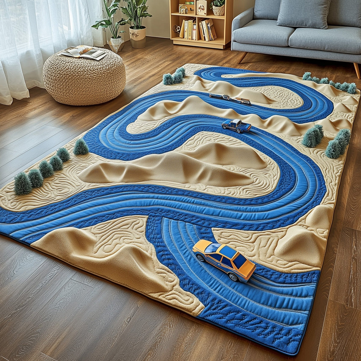 Racetrack area rug in a living room