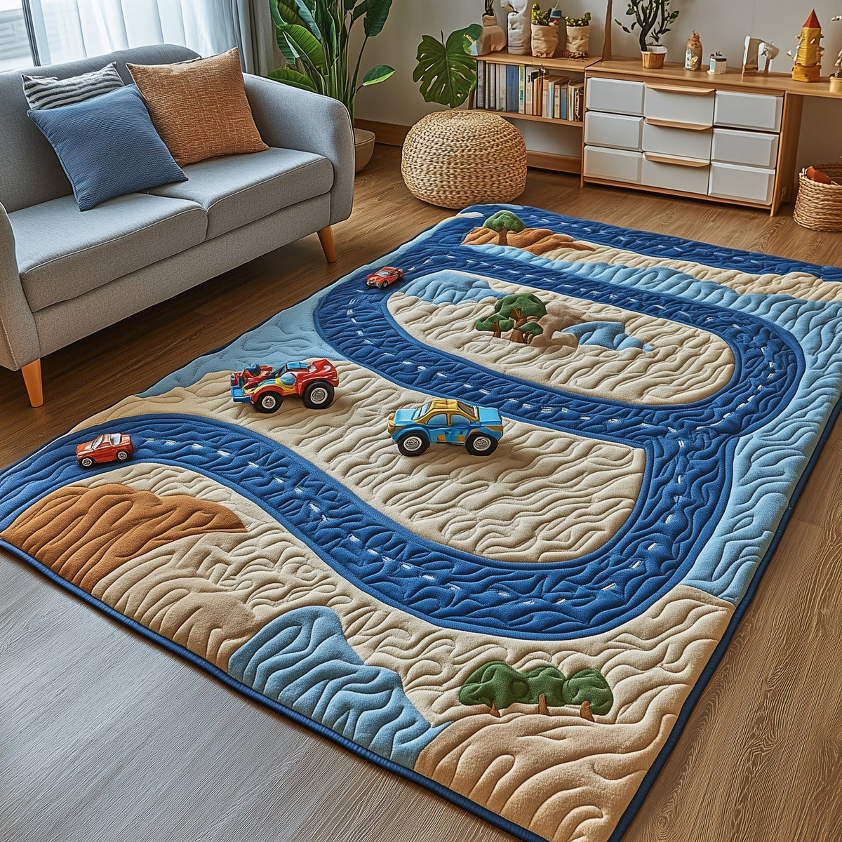 Racetrack area rug in a living room
