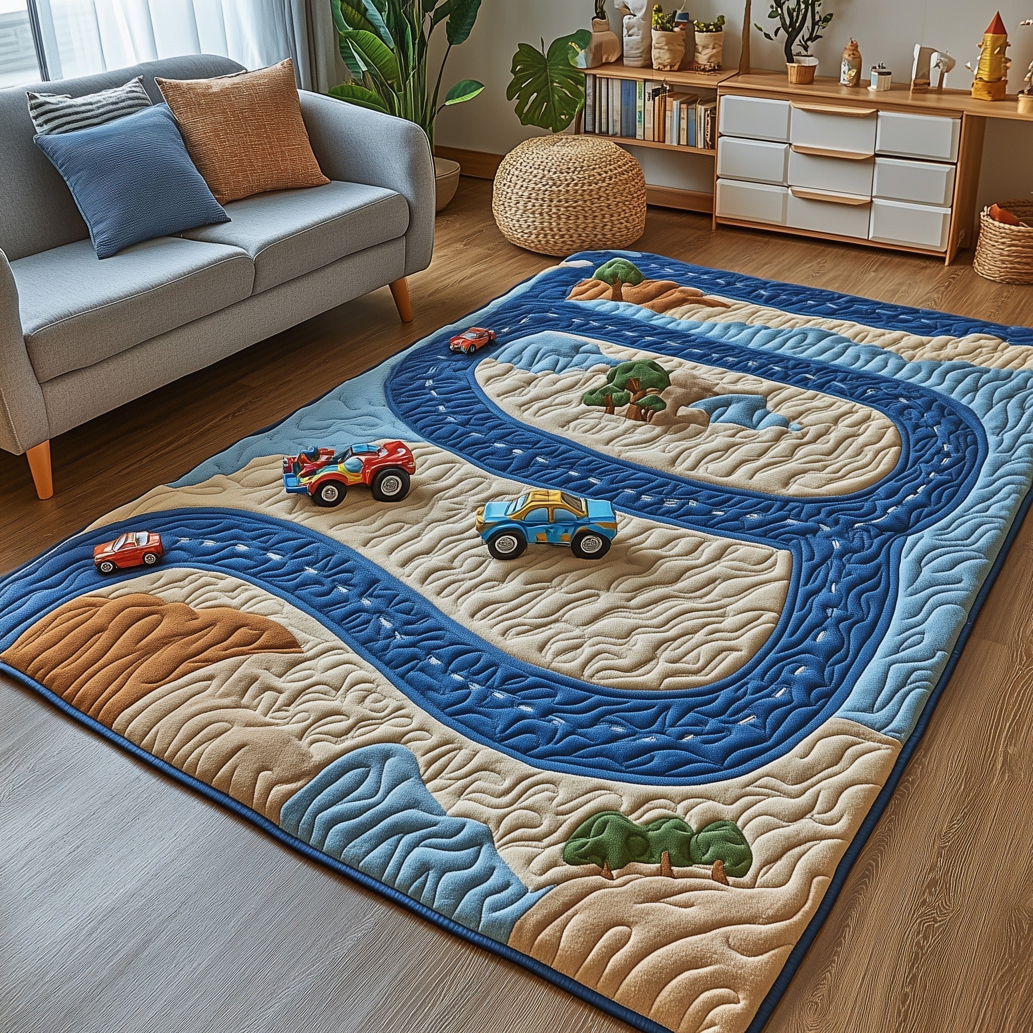 Racetrack area rug in a living room