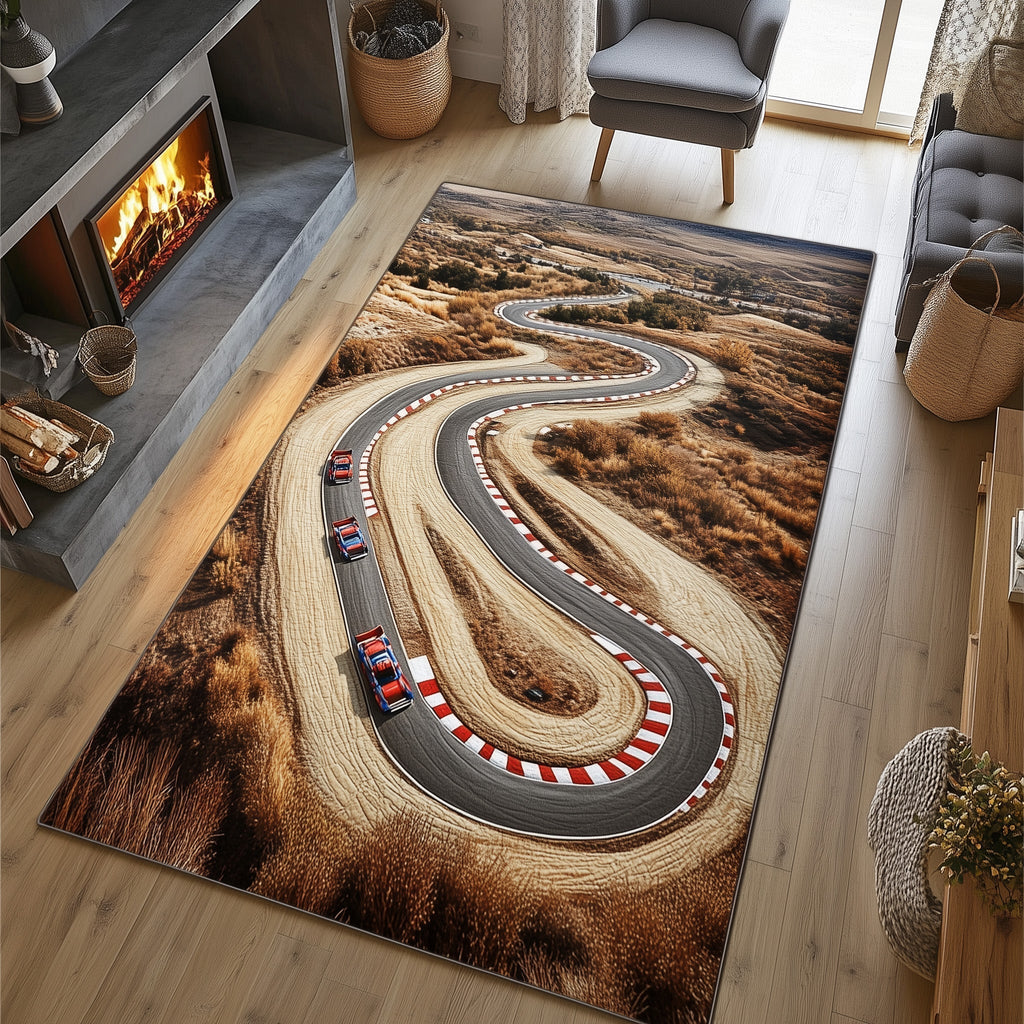 Racetrack area rug in a living room
