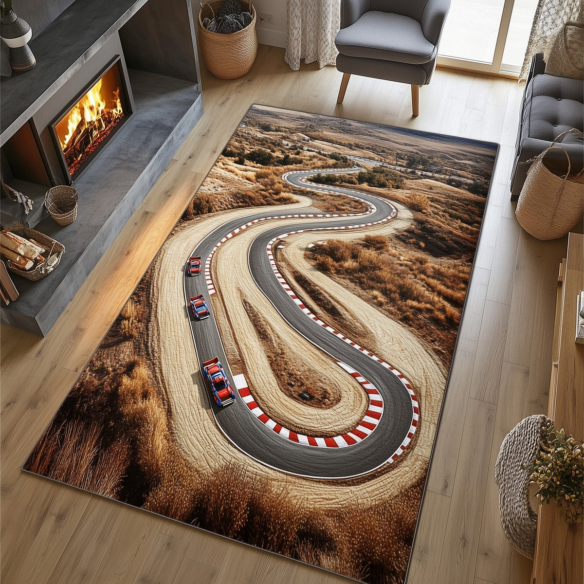 Racetrack area rug in a living room