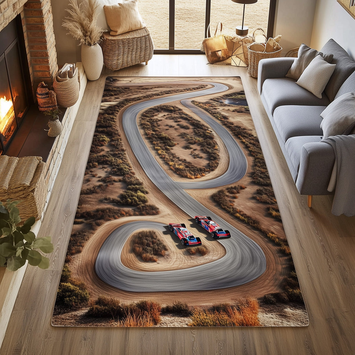 Racetrack area rug in a living room