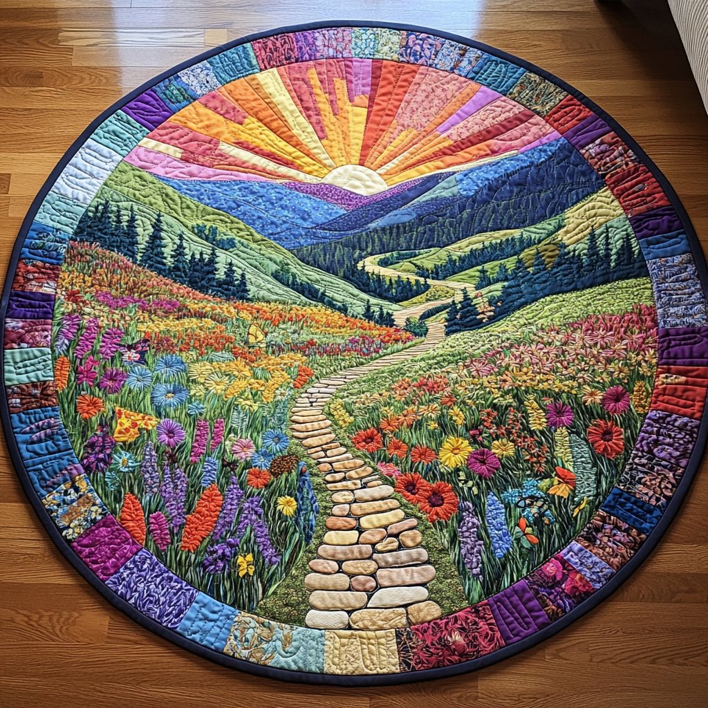 Radiant Hillside Path Round Mat Rug - washable non-slip printed rug