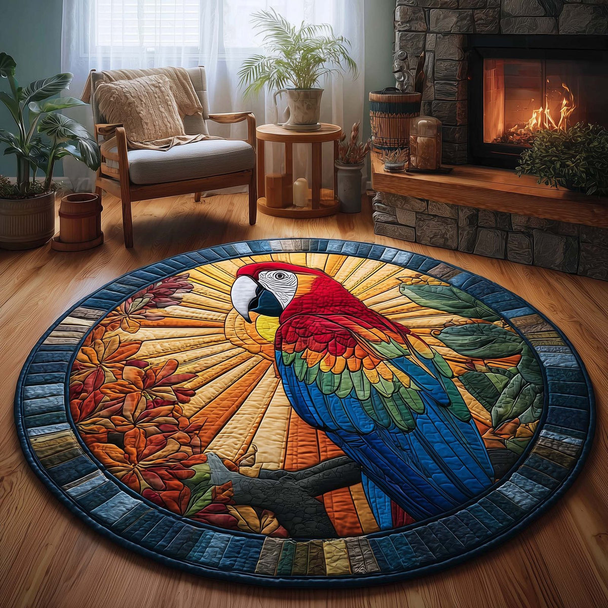 Radiant Macaw Round Mat Rug - washable non-slip printed rug