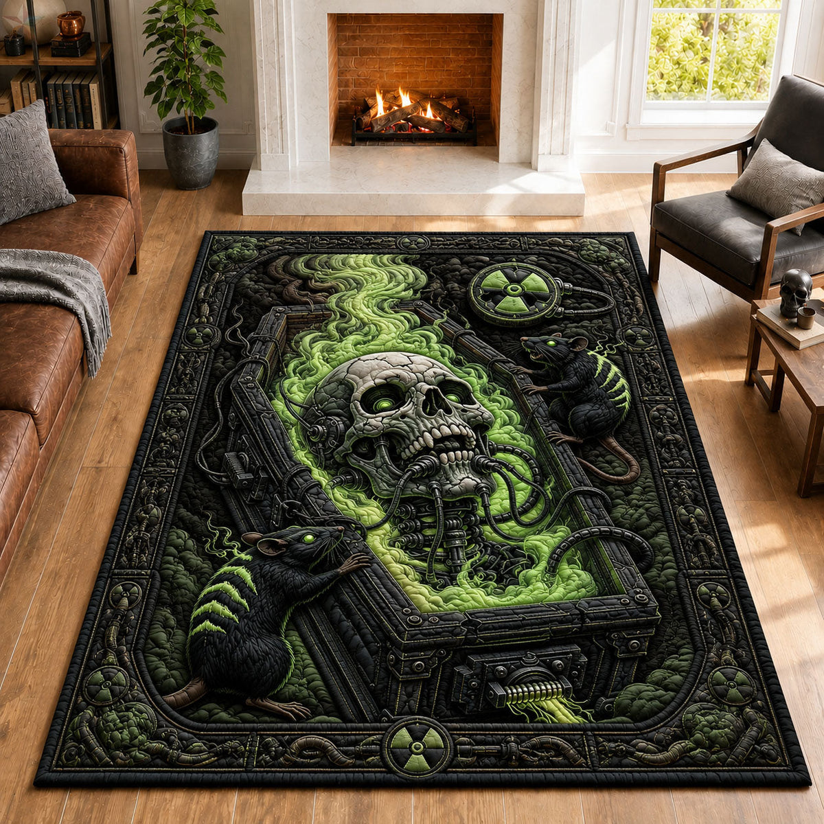 Radioactive Skull Laboratory Horror area rug in a living room
