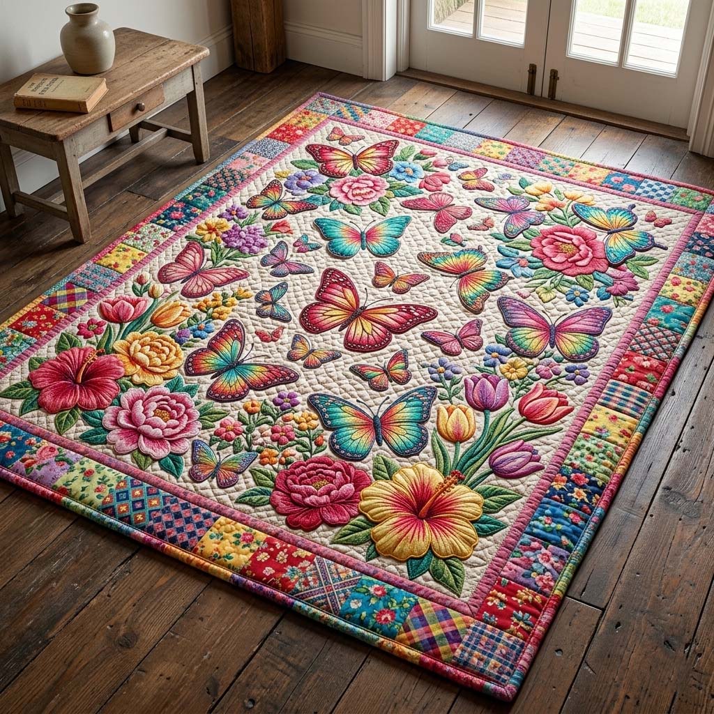 Rainbow Butterfly Garden area rug in a living room