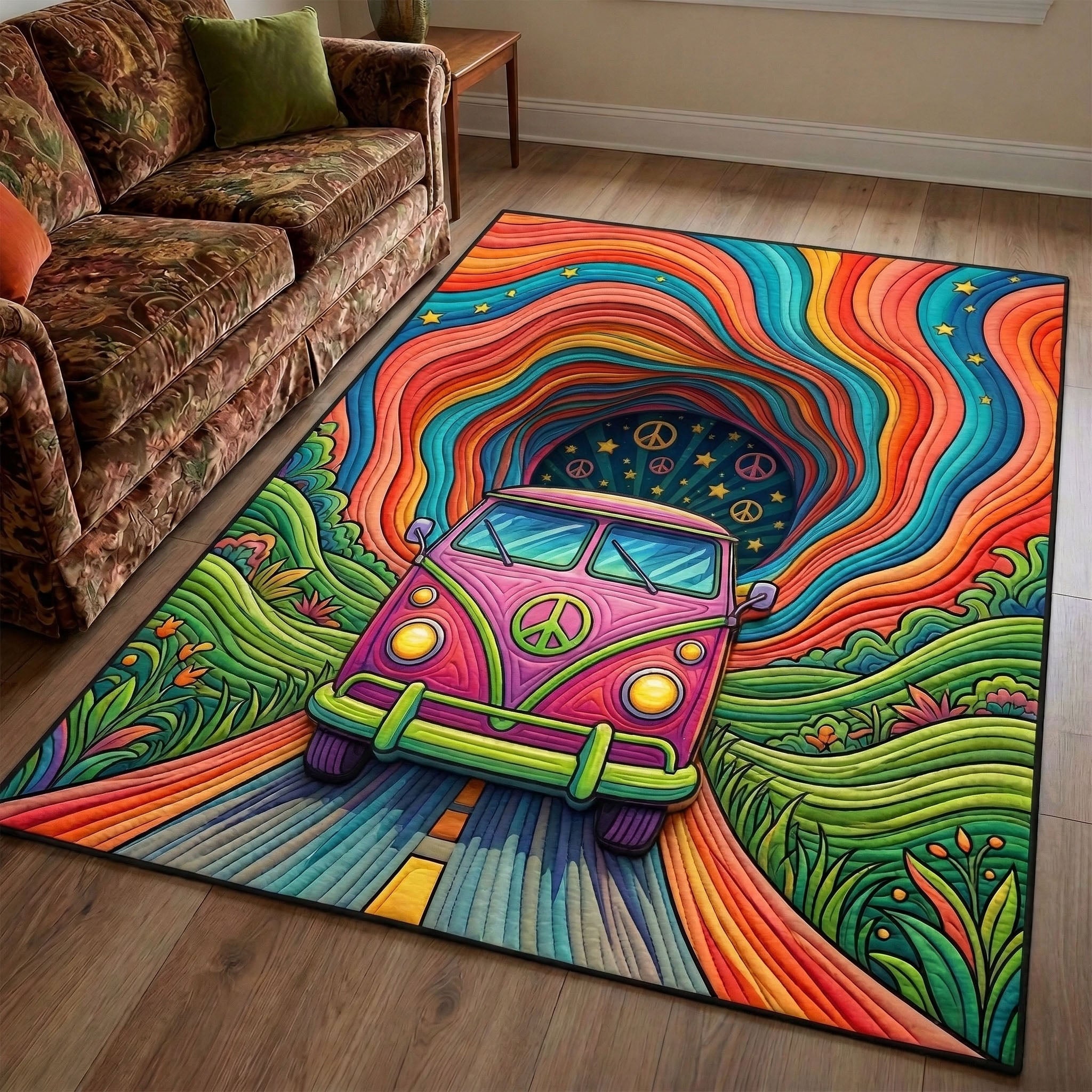 Rainbow Highway area rug in a living room