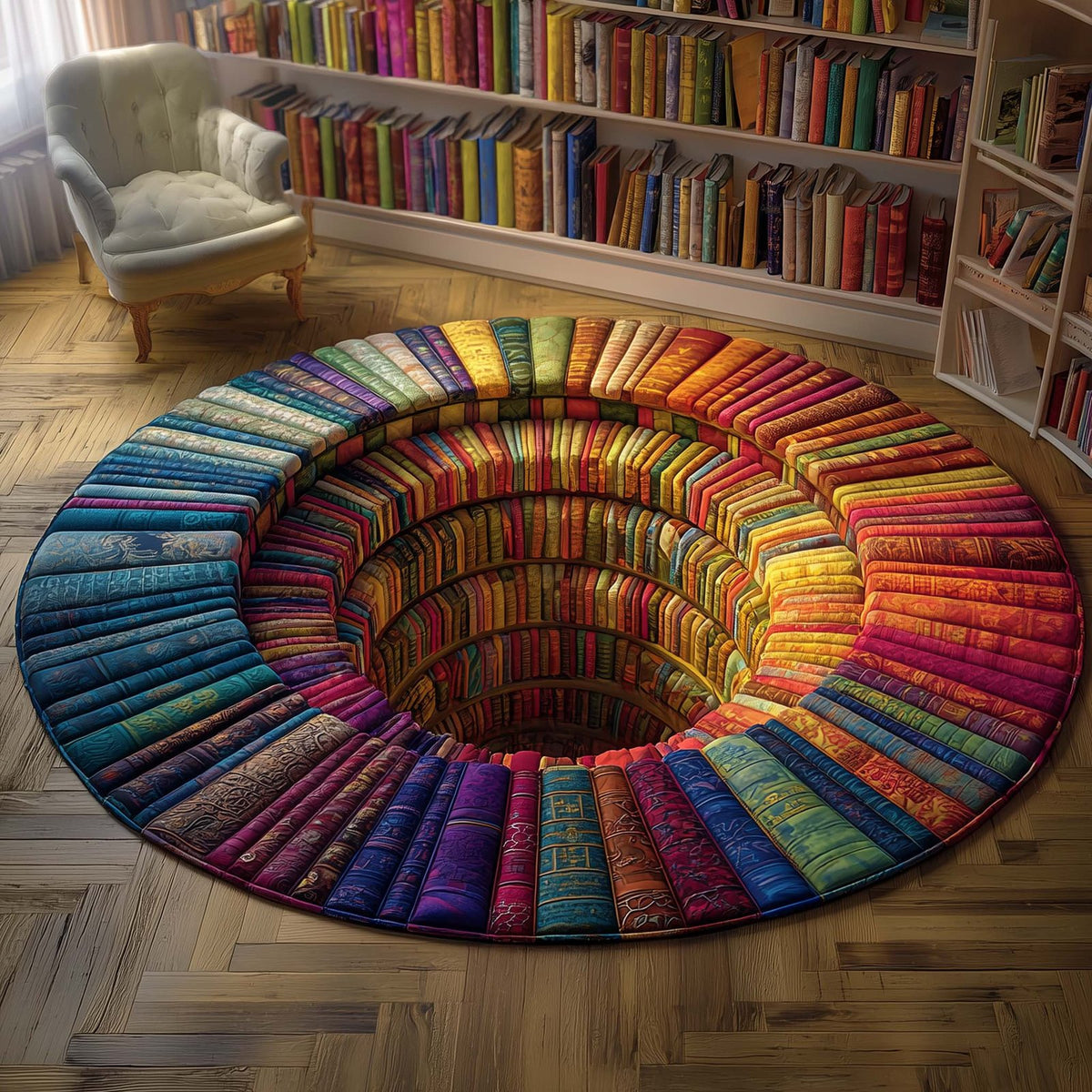 Rainbow Library Round Mat Rug - washable non-slip printed rug