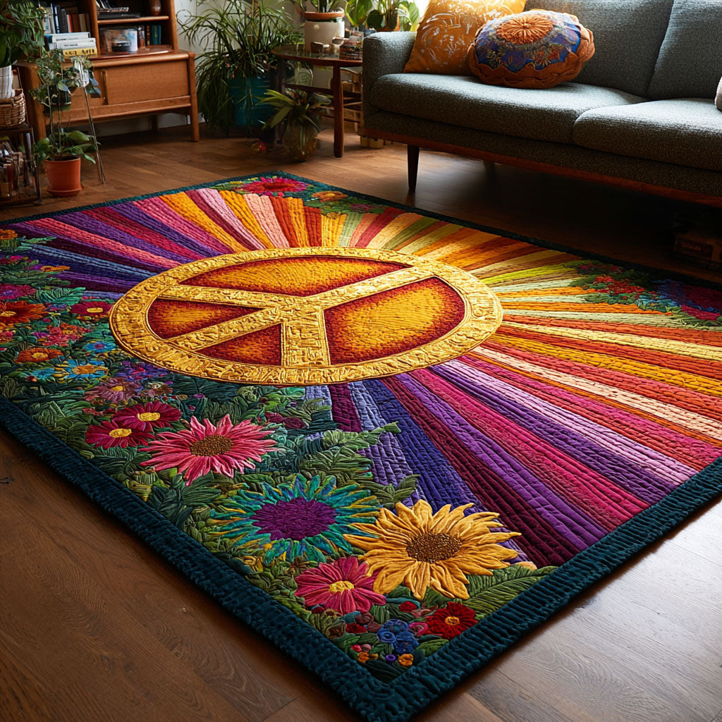 Rainbow Peace area rug in a living room