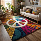 Rainbow Peace area rug in a living room