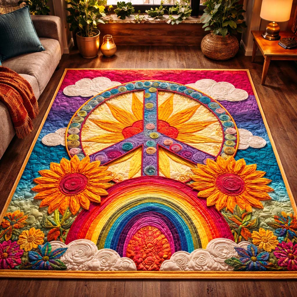 Rainbow Peace Dream area rug in a living room