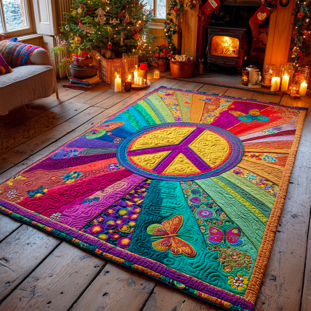 Rainbow Peace Garden area rug in a living room