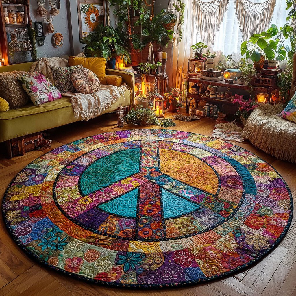 Rainbow Peace Round Mat Rug - washable non-slip printed rug