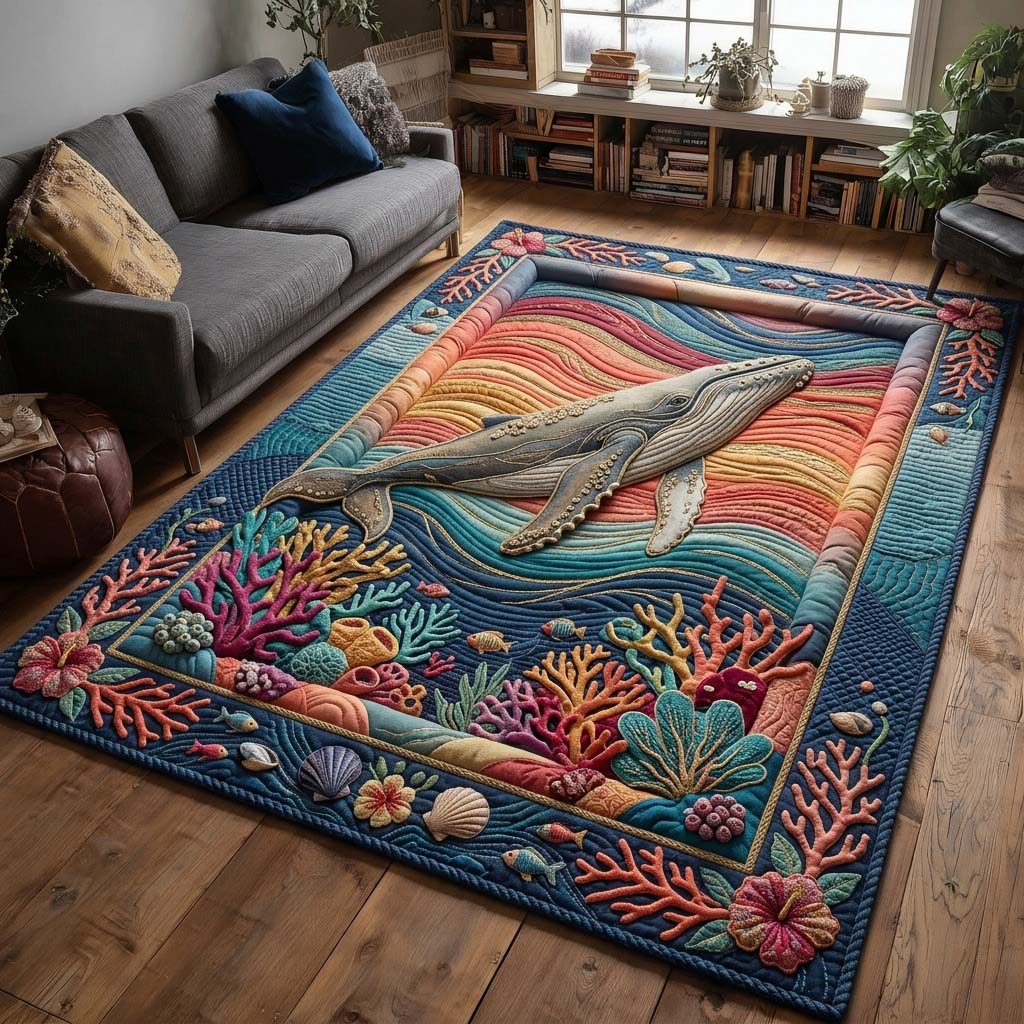 Rainbow Reef Whale area rug in a living room