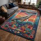 Rainbow Reef Whale area rug in a living room