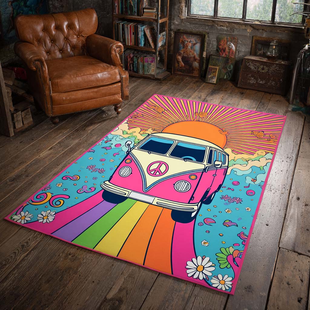 Rainbow Sunset Van area rug in a living room