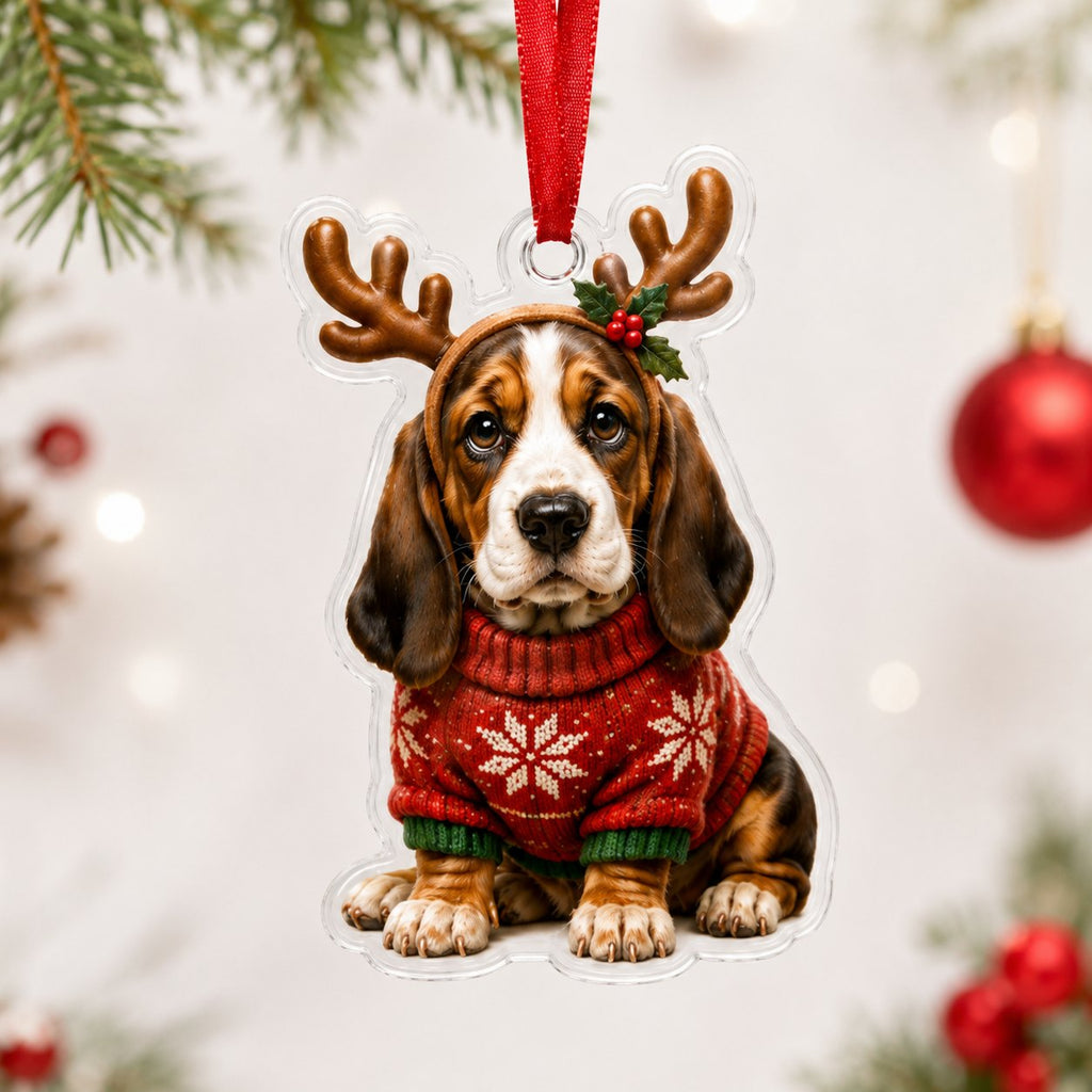 Raindeer Basset Hound Christmas Ornament
