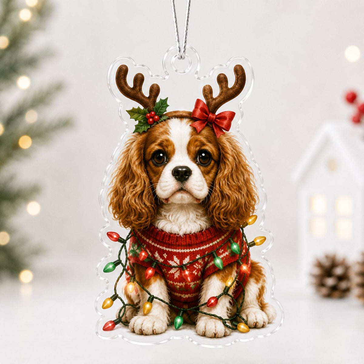 Raindeer Cavalier King Charles Spaniel Christmas Ornament