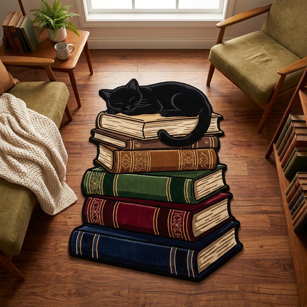 Reading Cat Custom Shape Area Rug - Cute Animal Design | Die-Cut Non-Slip Rug - washable non-slip printed rug