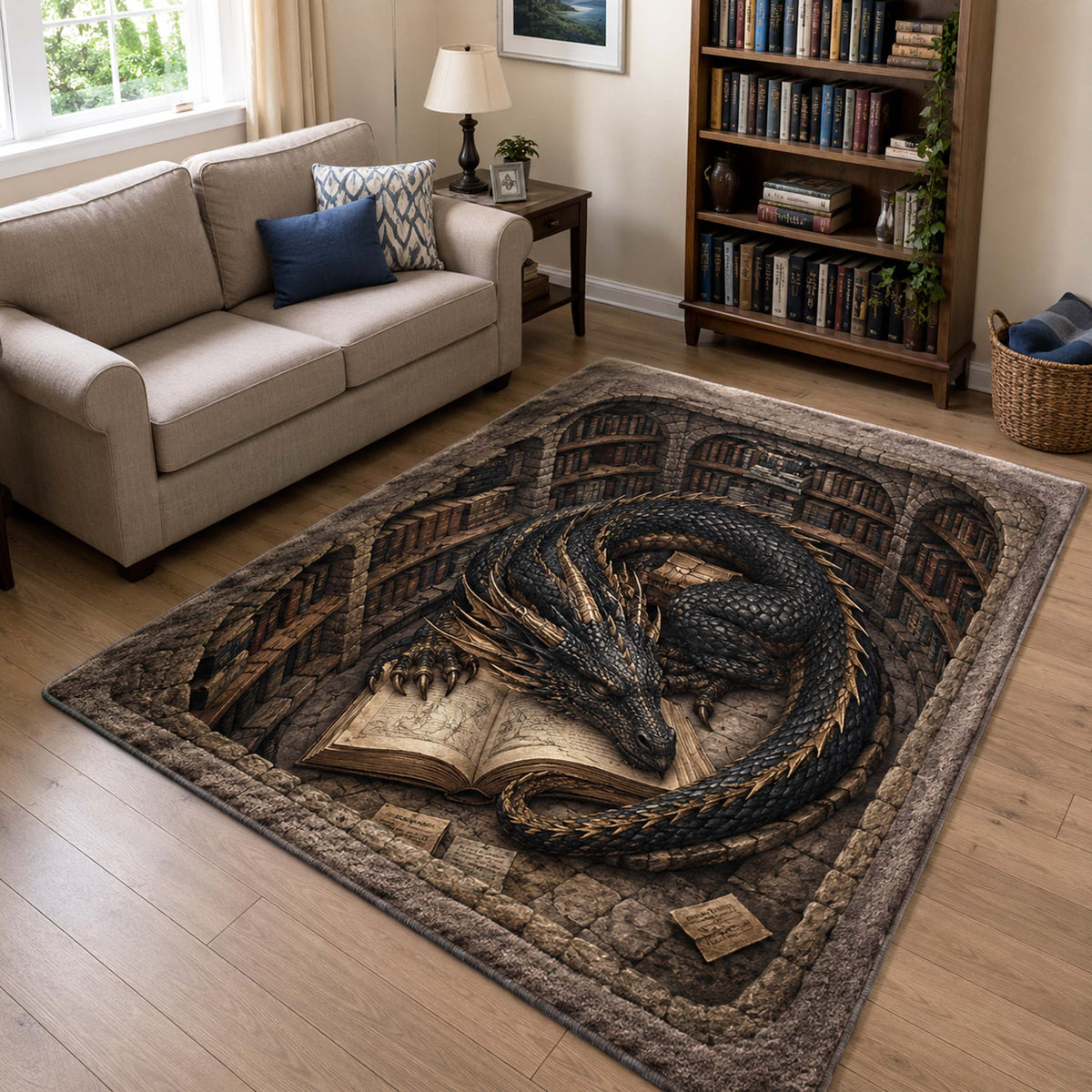 Reading Dragon area rug in a living room