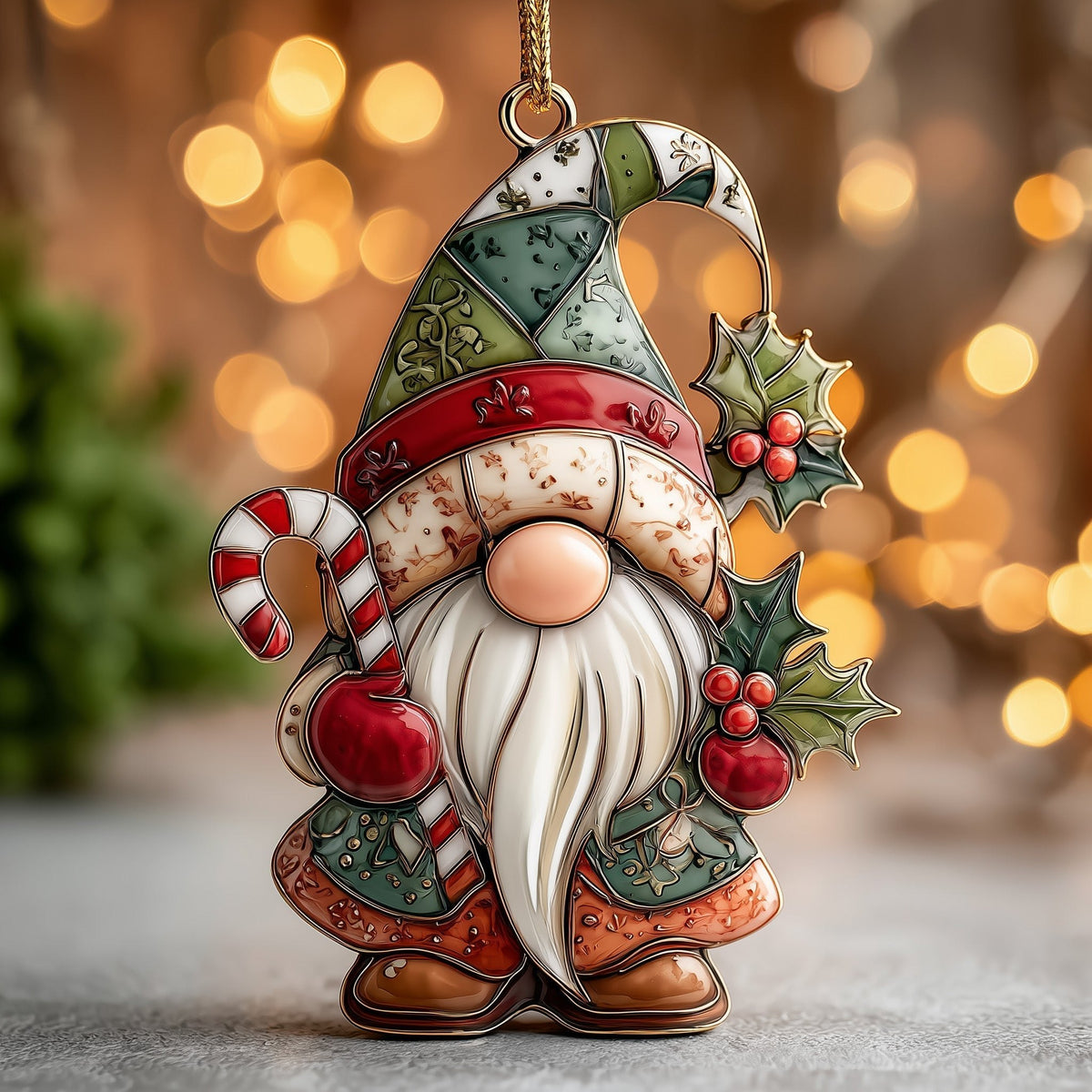Green Hat Candy Cane Gnome Christmas Ornament