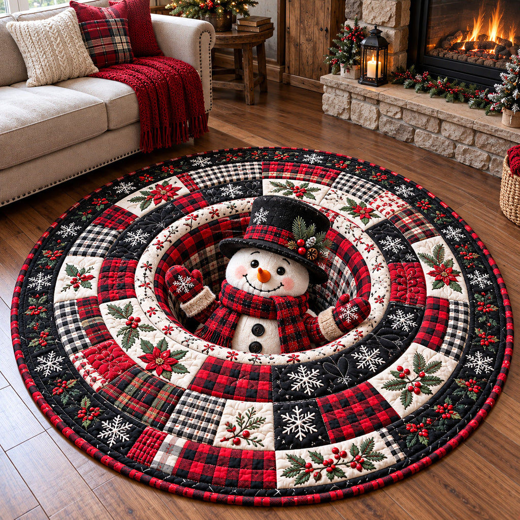 Red Plaid Snowman Round Mat Rug - Seasonal Design | Festive Home Decor - washable non-slip printed rug