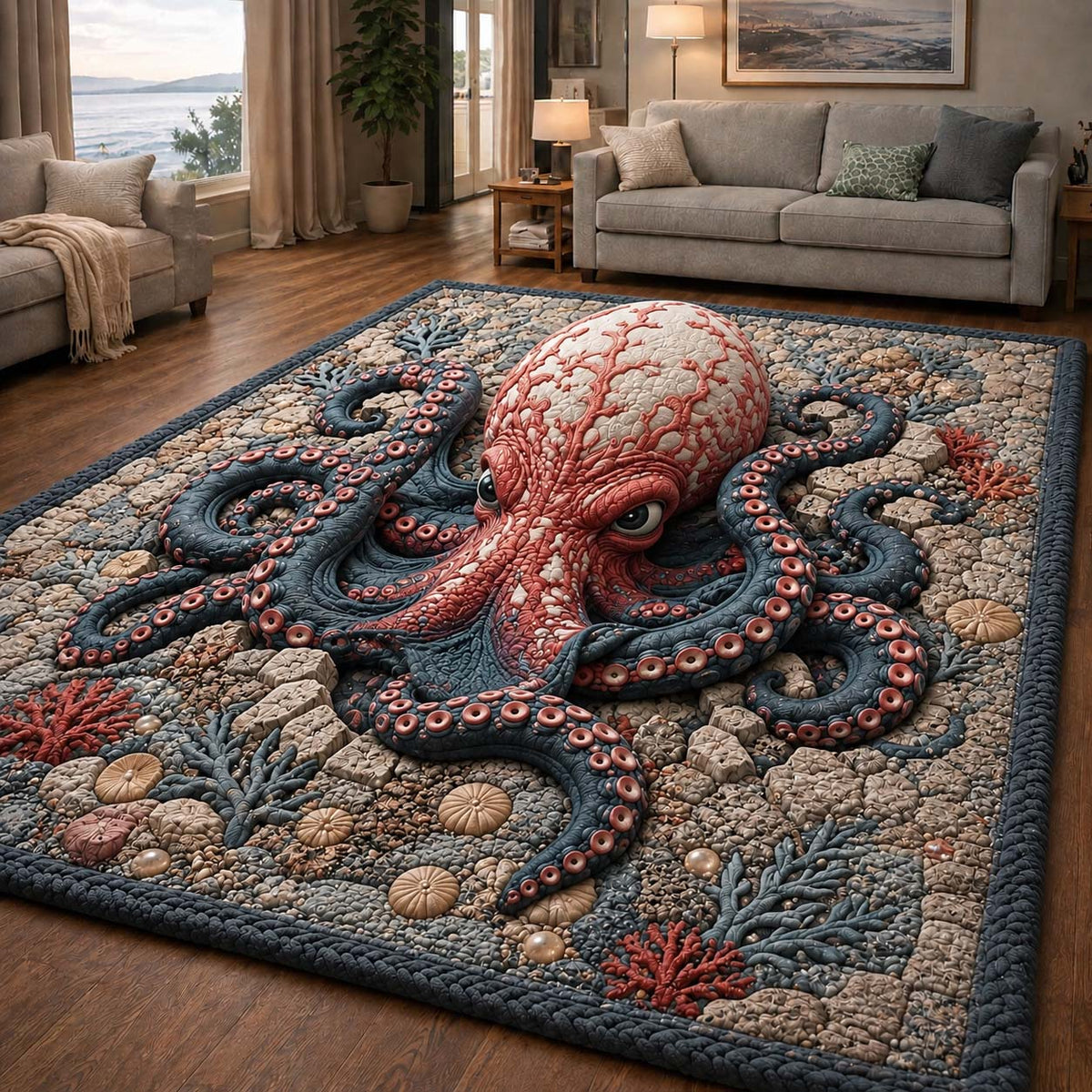 Red Reef Kraken area rug in a living room