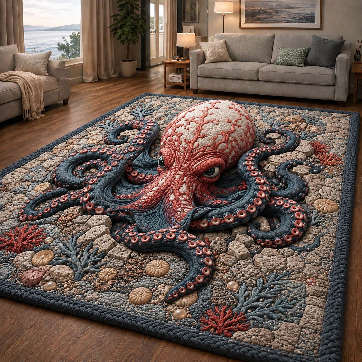 Red Reef Kraken area rug in a living room