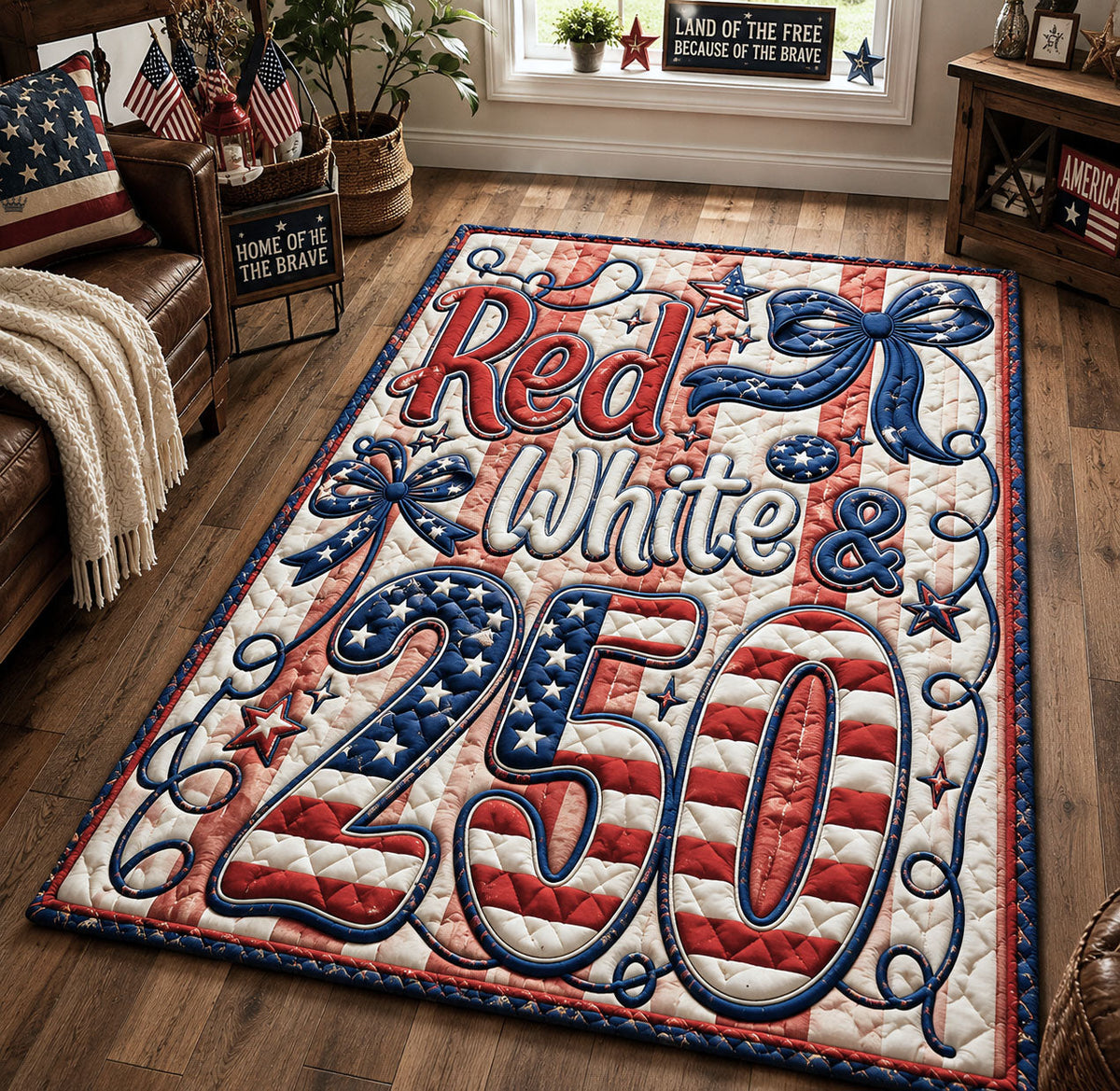 Red White 250 Anniversary area rug in a living room