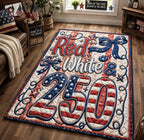 Red White 250 Anniversary area rug in a living room