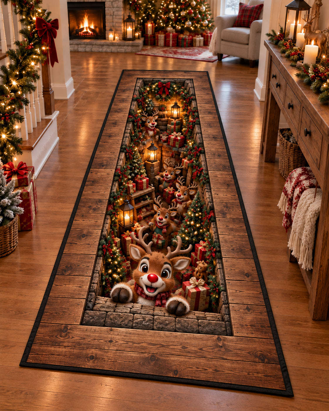 Reindeer Christmas Hideaway Runner Rug - Seasonal Design | Festive Runner Rug - washable non-slip printed rug