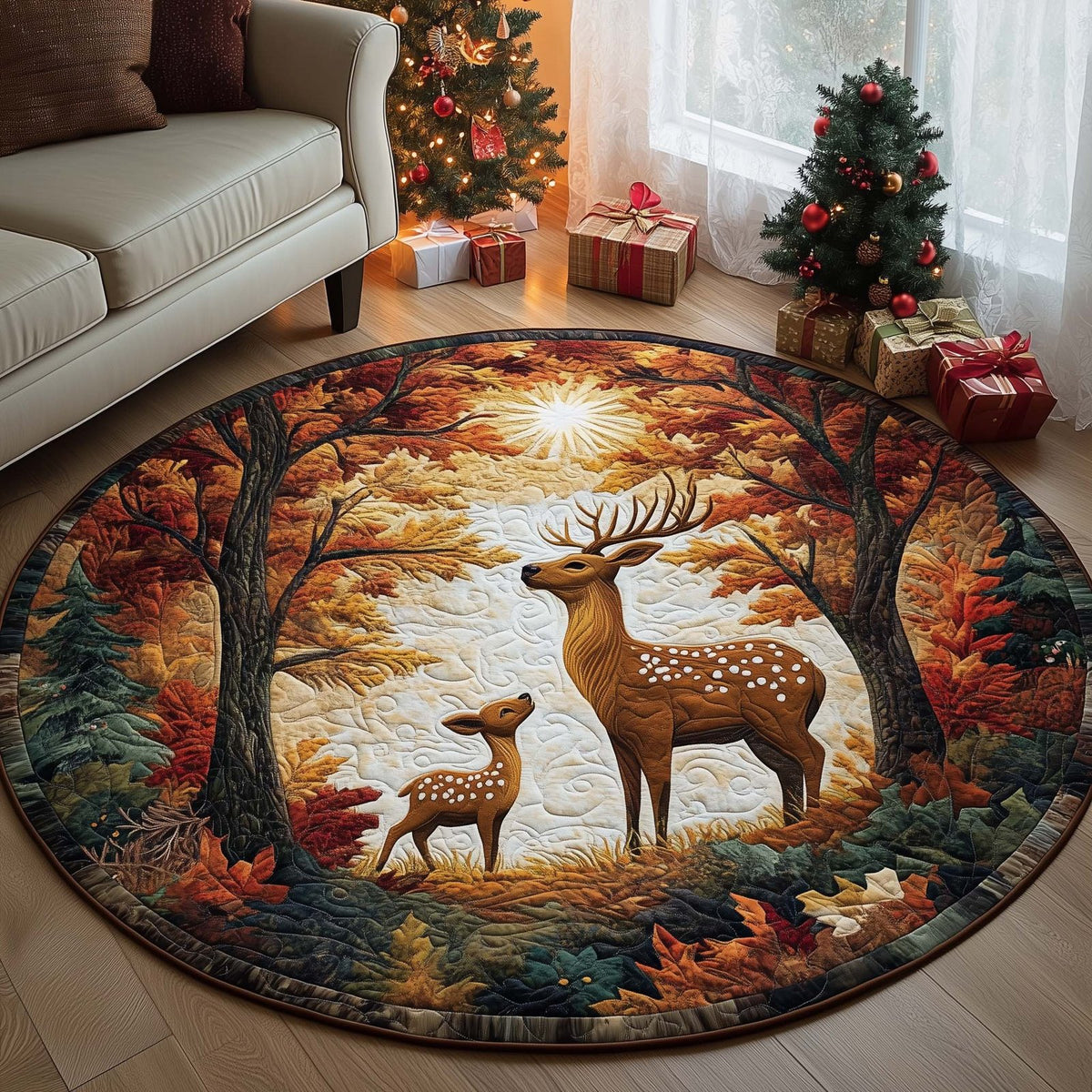 Reindeer Family Christmas Round Mat Rug - washable non-slip printed rug
